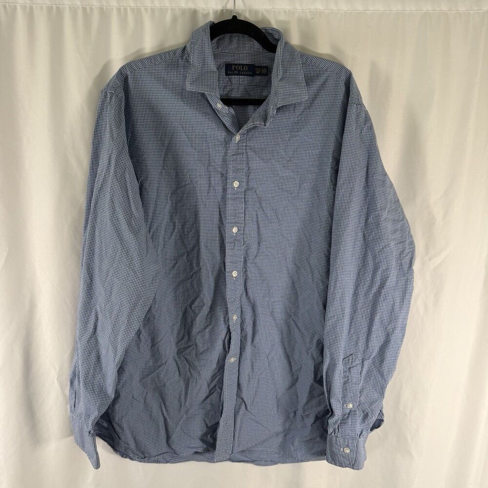 Polo Ralph Lauren Dress Shirt Men's 17.5 44 Blue Plaid Button Up Collared Long S
